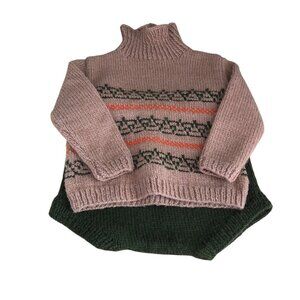 VTG 60s Hand Knit Nordic Fair Isle Wool Sweater Set Toddler size 3 Green Tan NEW